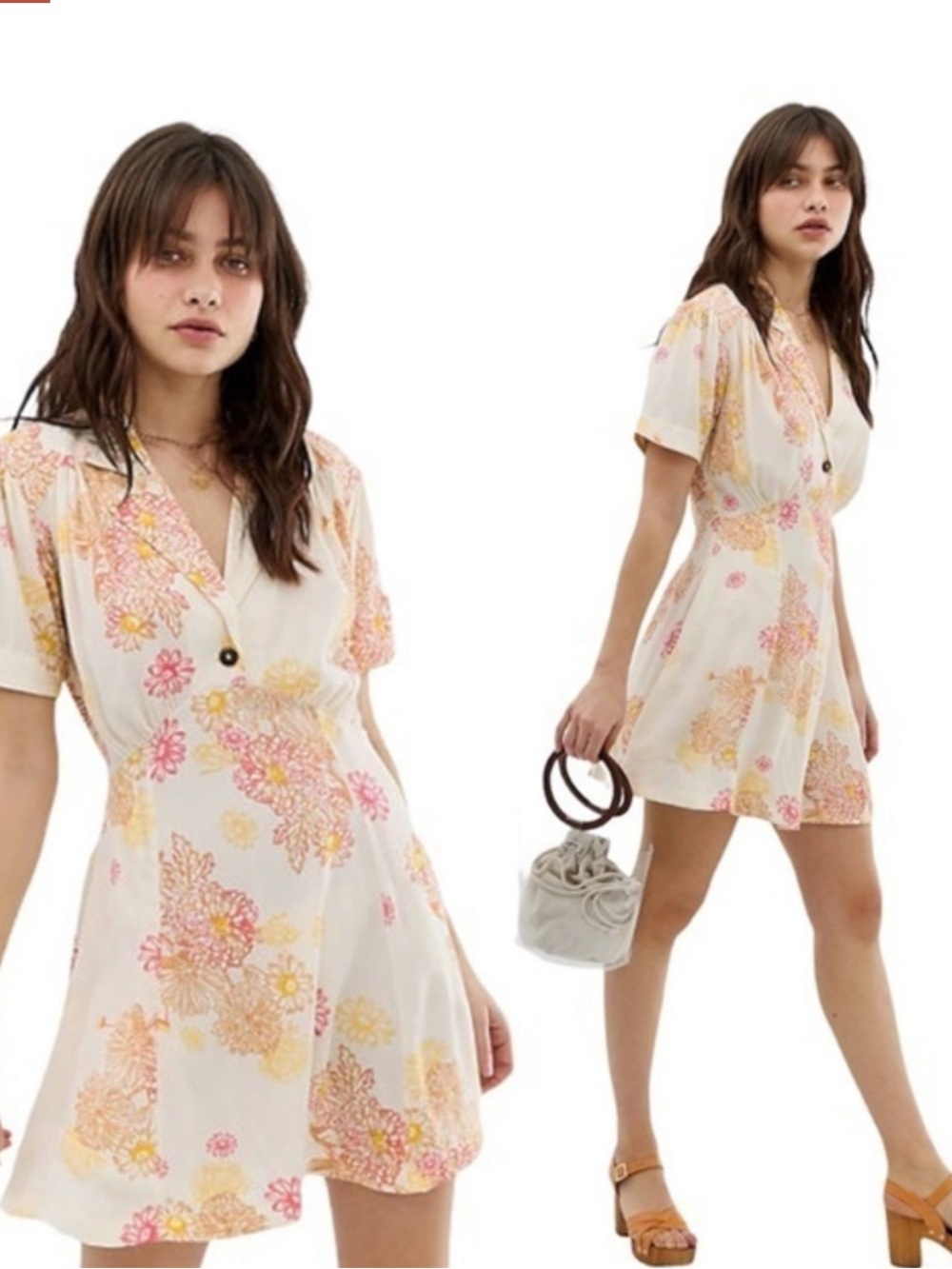 Free People Floral Boho Hawaii Mini Dress Button Front Short Sleeve XS